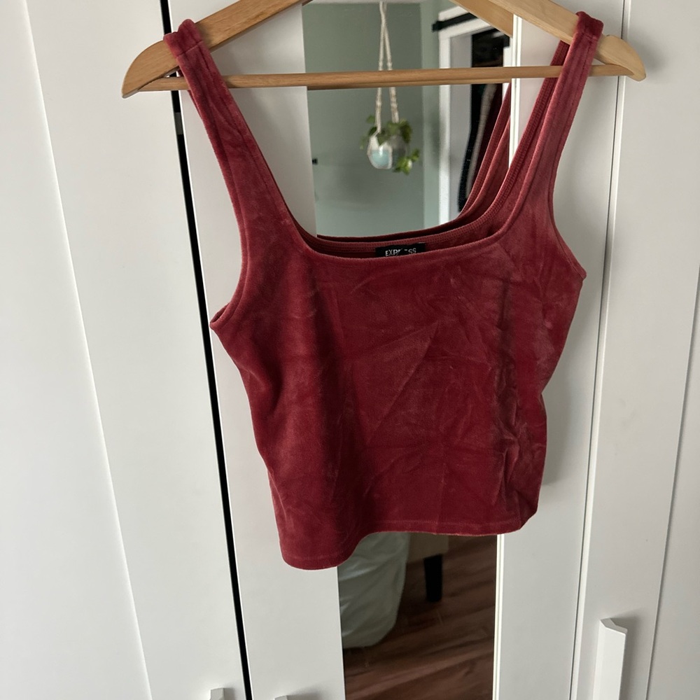Express Velour Crop Top Stretch Square Neck Tank Top - Wine Red - Picture 2 of 5